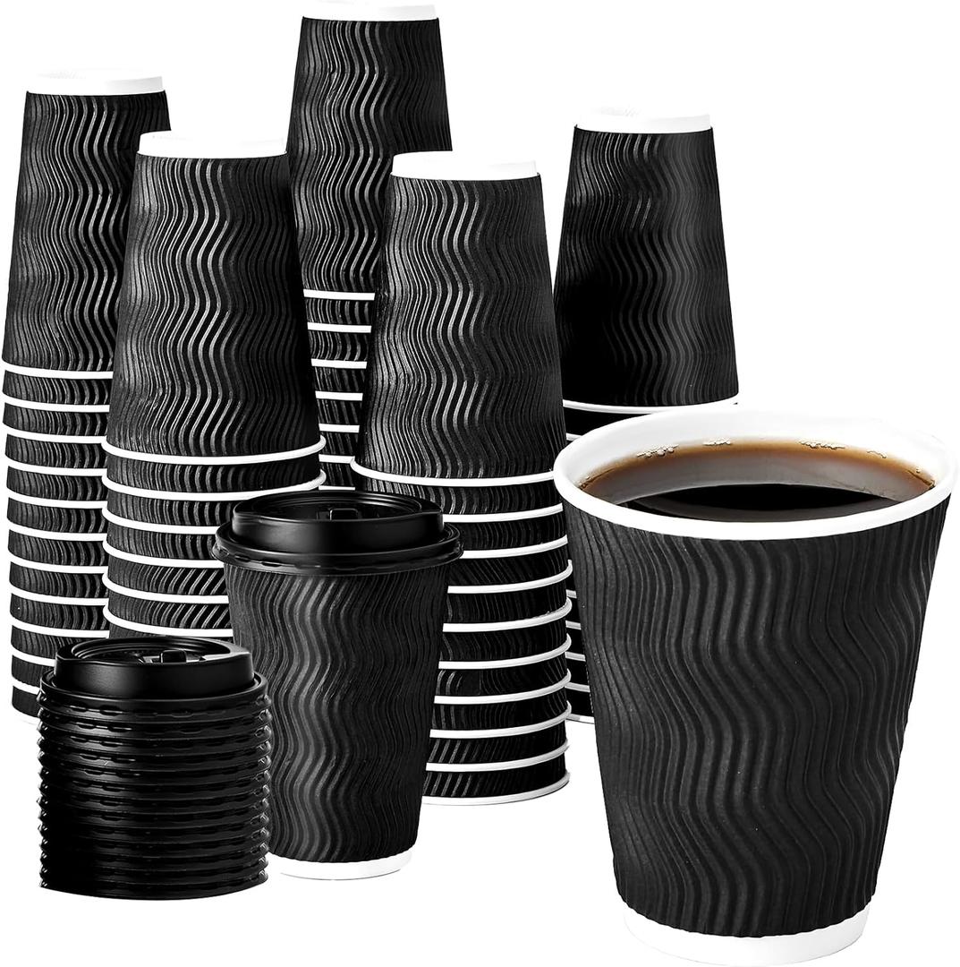 12 oz Coffee Cups with Lids, 60 Pack Insulated Corrugated Paper Cups, Disposable Coffee Cups for Water, Juice, Coffee (Black)