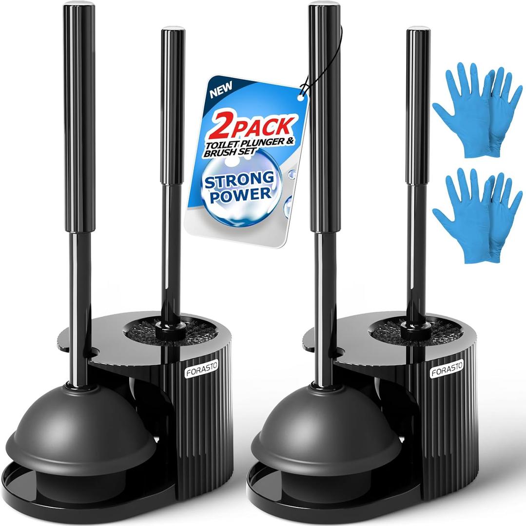 2Pack 2 in 1 Toilet Brush and Plunger Set, Extended Handle Plunger,Toilet Bowl Brush Plunger Set,Bathroom Cleaning Tools,Toilet Brush Plunger Combo,Cleaning Brush,Cleaning Supplies (Black)