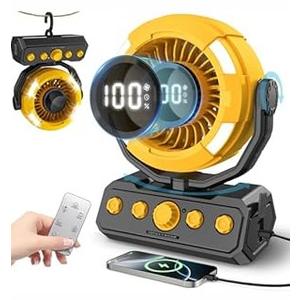 Uniqwamo Battery Powered Fan, Rechargeable Fan Portable, 180° Pivot Battery Operated Fan with Light, Timer, 360° Rotation Hanging Hook, 100 Speeds Camping Fans for Tents, Fishing, RV, Jobsite, Picnic