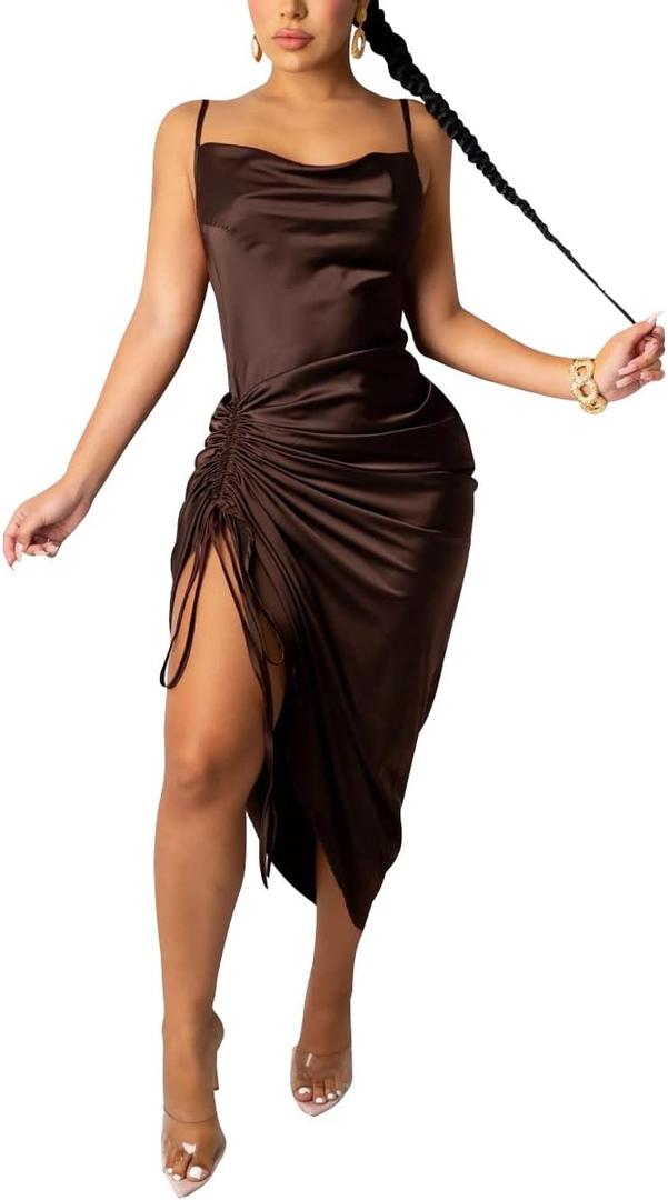 Women's Spaghetti Strap Satin Dress Sexy Backless Drawstring Ruched Split Hem Cocktail Evening Party (Brown, XXL)