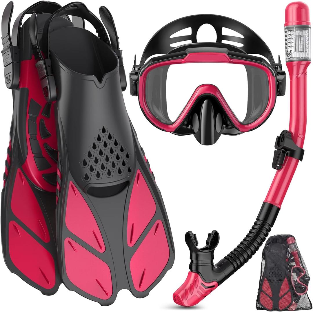 Snorkeling Gear for Adults Men Women,4 in 1 Snorkel Set with Panoramic View Diving Mask Anti-Fog Anti-Leak,Dry Top Snorkel,Fins and Travel Bag for Swimming,Snorkeling and Travel Diving (ML/XL, PinkRed)
