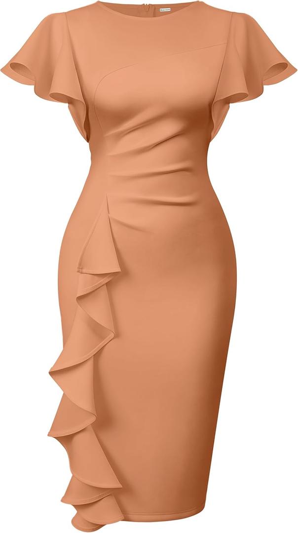 Memoriesea Women's Vintage Church Ruffle Sleeve Ruched Bodycon Work Midi Pencil Dress, Large, Nude Pink 