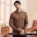 Men's Pique Polo Shirts Long Sleeve Cotton Blend Tipped Casual Collared Polo Shirts Business Classic Fit (Brown-004)