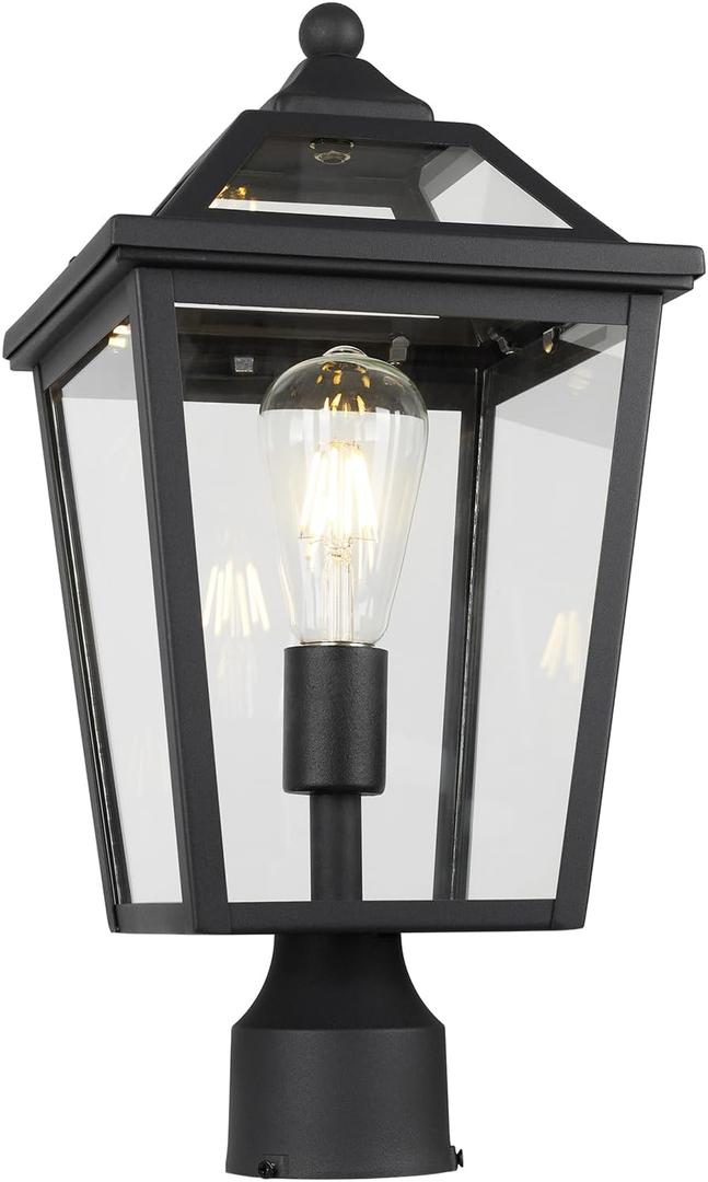 Colonial Outdoor Post Light Fixture, 8.5 Inch Large Modern Exterior Pillar Lantern with Black Finish & Clear Glass, Pole Light for Garden, Backyard, Courtyard, Patio, Pathway,RZ-033P BK-1, Small-1 Pack