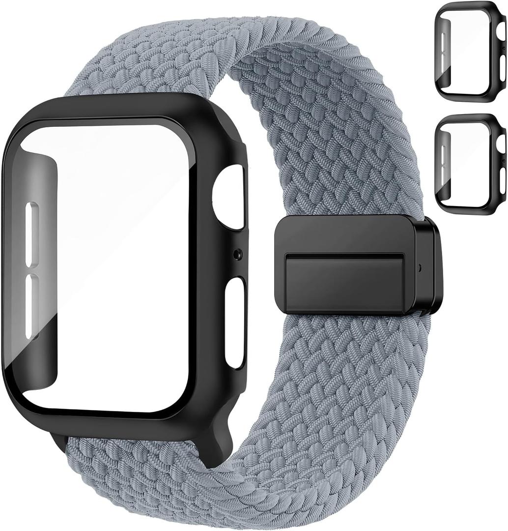 Braided Bands and Case for Apple Watch Bands for Women 40mm 44mm 46mm 42mm 45mm 41mm 38mm Men,Magnetic Nylon Sport Stretchy Solo Loop Elastic Strap with Cover for iWatch Series 11 10 9 8 7 6 5 4 3 SE (08-Space Grey+Black)