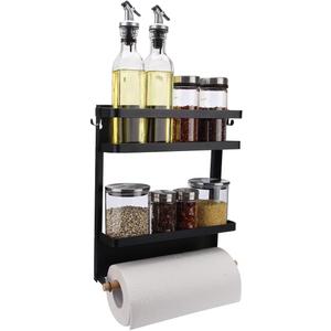 Magnetic Fridge Organizer, Paper Towel Holder, Kitchen Rack, Rustproof Spice Jars Rack, with 2 Removable Mobile Hooks (Black) (Medium)