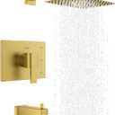 KENES Brushed Gold Tub and Shower Trim Kit, Square Tub Shower Faucet Set Complete with 10-Inch Rainfall Shower Head and Tub Spout, KE-6024A-4 (Shower Valve Included)