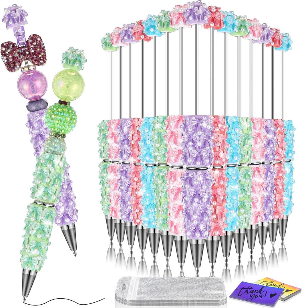 Tondiamo 45 Pcs Full Rhinestone Beadable Pens Bulk Set 15 Glitter Diamond Pens with Cards & Bags Fancy Beaded Pen for Beads DIY Cute Journalling Bling Ballpoint Craft Making(Bow Diamonds)