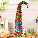 Easter Tree Decorations 5ft Red Pop Up Christmas Tree with 50 Colorful LED Light 1 Red Eggs Ornaments, Pre-lit Collapsible Tinsel Pine Christmas Tree for Indoor Easter Decor Party Home Outdoor Office