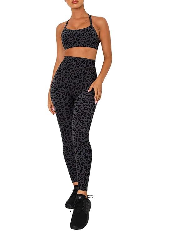Women's Yoga Outfits 2 Pieces Workout Set High Waist Athletic Seamless Leggings with Sports Bra Gym Clothes S