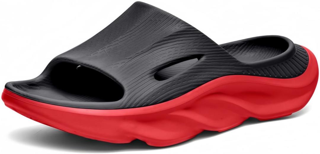 Recovery Slides for Men and Women - Orthopedic Sandals with Arch Support & Thick Cushion, Plantar Fasciitis Slippers, Lightweight Non-Slip Slides for Post-Workout Recovery (Black/Red) M10/W12
