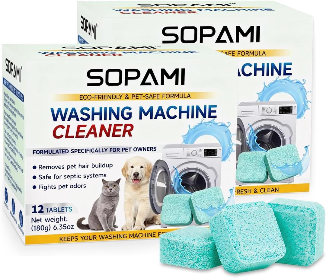 SOPAMI Washing Machine Cleaner Tablets 24-Pack (12 Month Supply) for HE/Top/Front Load Washers - Removes Stubborn Pet Hair, Odors, Mold & Residue, Septic Safe & Fragrance Free