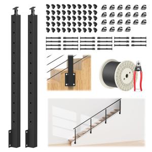 4-12FT 36" Side Mount Stair Railing Post Kits Include 2Pack Right Side Stair Posts, 150FT Wire Rope, Fasica Mount Swageless Stair Railing, 1/8" Stainless Steel Black Cable Railing Kits, RG73