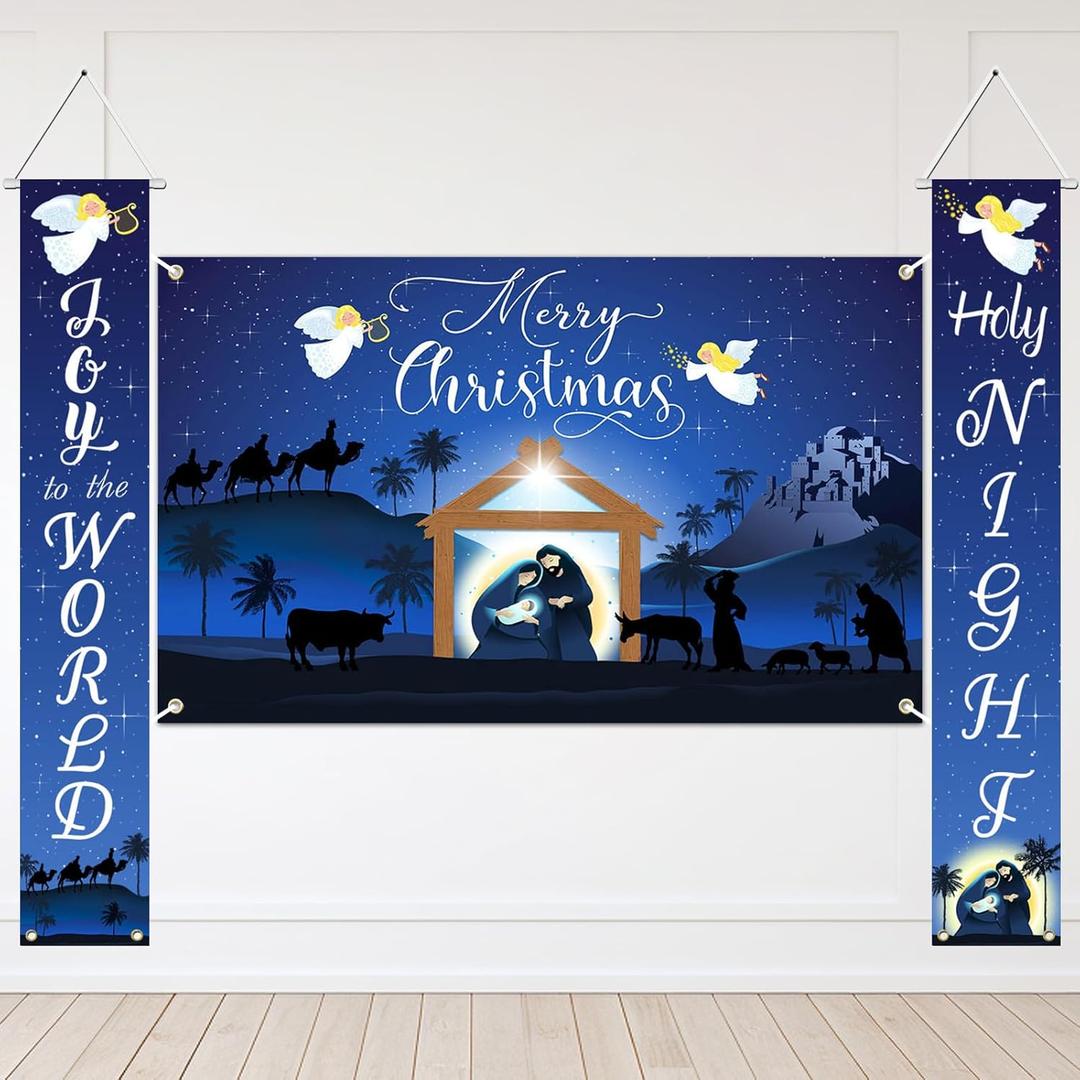 Avezano Religious Merry Christmas Banner Blue Nativity Scene Christmas Banner Outdoor Religious Christmas Decorations Holy Nativity Banners for Home Church