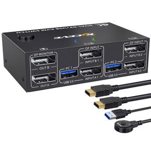 KCEVE KVM Switch 2 Monitors 2 Computers Displayport, USB 3.0 KVM Switch Dual Monitor for 2 Computer Share 4 USB 3.0 Devices, 4K@144Hz, Wired Remote(4K DP 2 in 2 Out KVM)