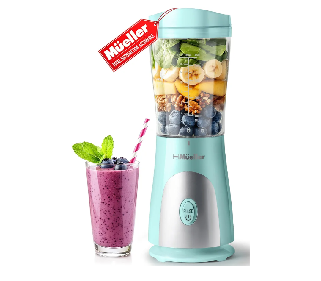 Mueller Smoothie Blender for Smoothies - Personal Blender for Shakes, Frozen Drinks, Baby Food & More, 15oz Travel Cup and Lid, Durable Stainless Steel Blades for Powerful Blending Performance
