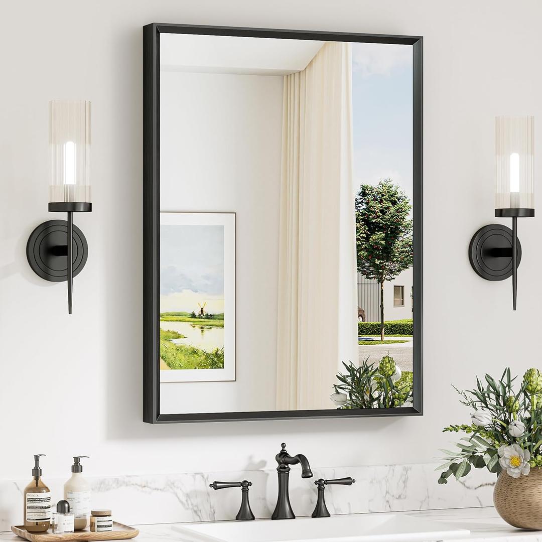 Keonjinn 24 x 32 Inch Black Bathroom Mirror, Beveled Rectangle Framed Mirror for Wall, Black Bathroom Vanity Mirror for Over Sink, Tempered Glass, Square Corner, Farmhouse Style