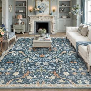8x10 Washable Area Rug for Living Room Light Blue Floral Vintage Non Slip Low Pile Rug Soft Lightweight Stain Resistance Carpet Bedroom Nursery Dining Room Office Classroom Playroom Home Decor
