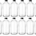 Kitchentoolz Set of 10 Clear 32oz Boston Round Glass Bottles with Black Caps – Airtight Poly-Cone Sealed Bottles for Kombucha, Kefir, Beer, Fermentation, and Storage
