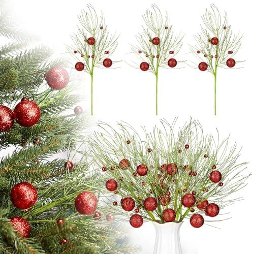 Suncalla 4 Pcs Christmas Elf Glitter Ball Tree Picks 15.75 Inches Lime Green Christmas Tree Toppers Sparkling Pampas Grass with Red Glitter Balls Artificial Green Stems for Vase Filler Home Decor