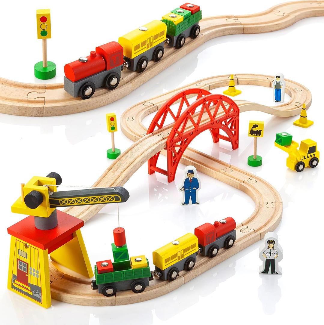 Wooden Train Sets for Boys 2-4-7  38 Pcs Wood Train Set for Toddlers w/Crane, Bridge & Wooden Train Tracks  Train Toys for 3 Year Old Boys & Girls  Fits Thomas Brio IKEA Melissa and Doug