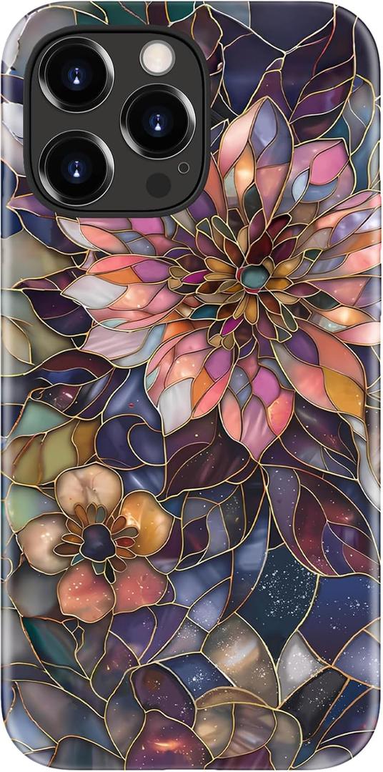 LUMARKE for iPhone 13 Pro Case Cute - Wireless Charging Compatible - Dual-Layer Soft Silicone + Hard Shell - Trendy Floral Design - Glossy Phone Cover for Women - Blooming Purple Flower