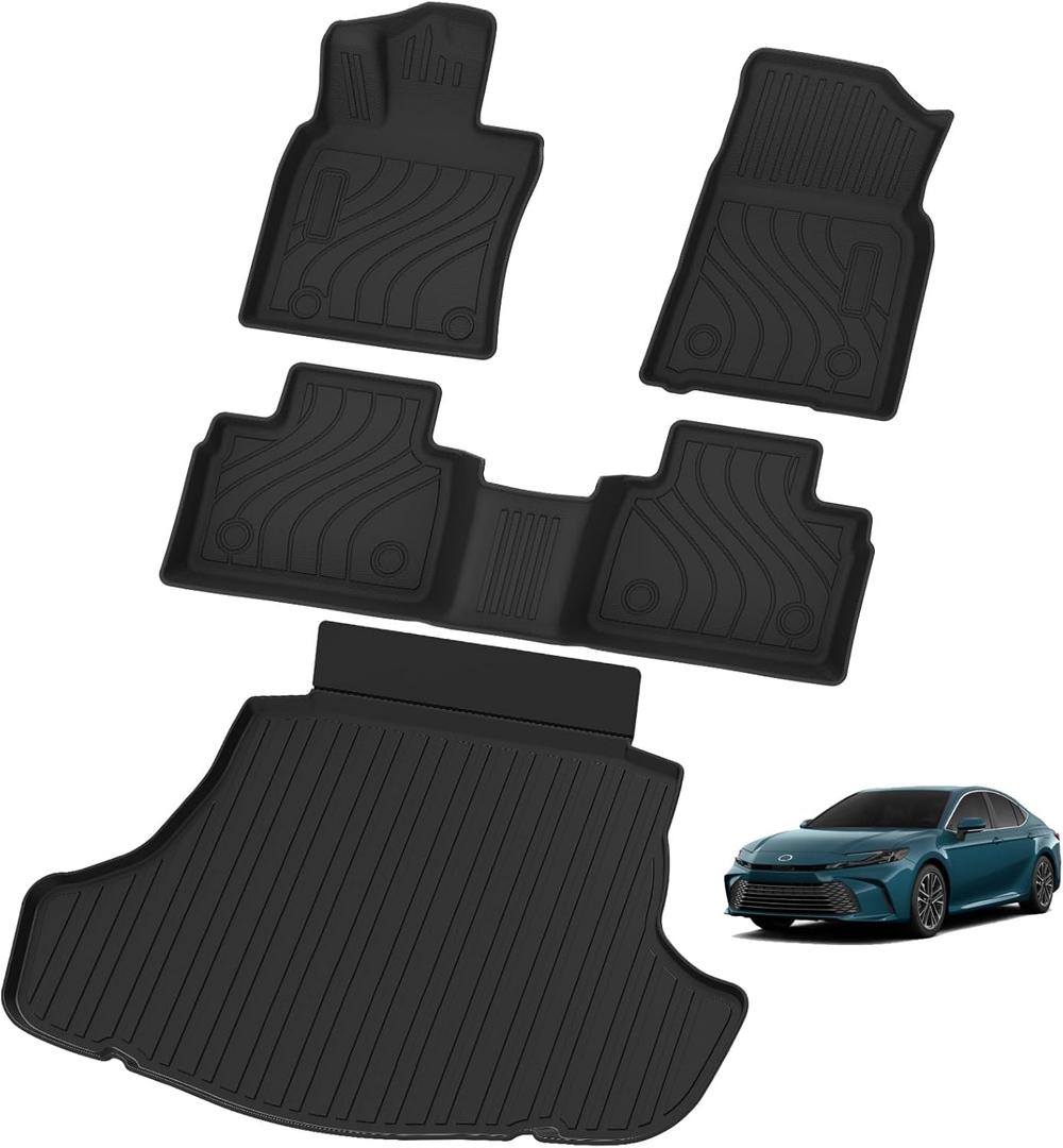 JYIYOU Floor Mats & Cargo Liners for 2025 Toyota Camry (Include Hybrid),2 Row All Weather Protection TPE Rubber Full Set Automotive Floor Liners & Trunk Mat Accessories, Odorless Anti-Slip, Black
