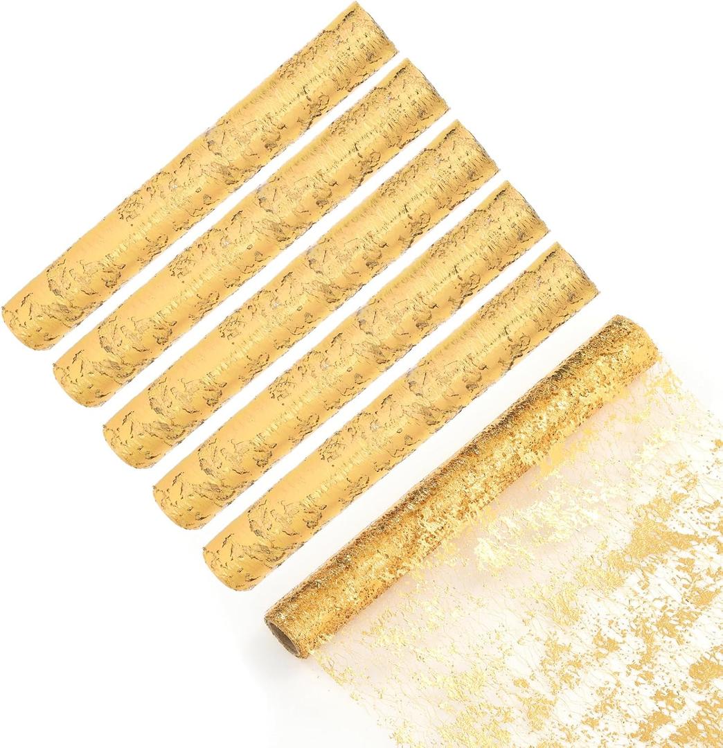 6 Pcs Glitter Metallic Gold Table Runner 11 Inch x 108 Feet Thin Mesh Sparkle Runner Roll Table Decorations for Wedding Bridal Shower, Baby Shower, Christmas, Birthday Party