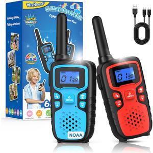 Wishouse Walkie Talkies for Kids Rechargeable Long Range,Xmas Birthday Gift for 4 5 6 7 8 9 Year Old Boys Girls,Hiking Gear Camping Games Cool Toys with NOAA,SOS Siren,Lamp,Lanyards,Easy to Use,2 Pack (Red Blue)