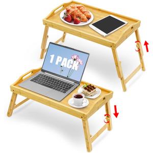 Large Breakfast Bed Tray for Eating - Height Adjustable Raised Food Table - Bamboo Serving Tray on Lap Sofa - Portable Snack Platter with Folding Legs Ideal for Bedroom Picnic - Natural Lar