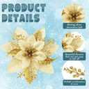 65pcs Gold Christmas Poinsettia Artificial 5.9", Glitter Berries with Stems, Clips for Christmas Tree Decoration, Wreath Ornaments for Xmas Wedding Party Decoration