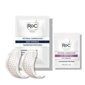 RoC Retinol Correxion Deep Wrinkle Non-Invasive Targeted Patches with Hyaluronic Acid + Firming Peptides for Forehead, 11 Lines, Crows Feet and Laugh Lines, (6 Patches) with Retinol Eye Packette