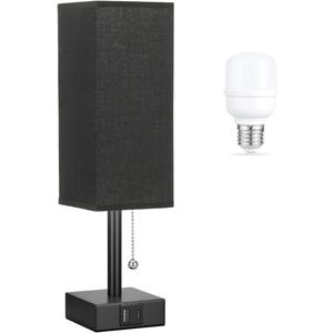 Black Small Table Lamp for Bedroom - 3 Color Temperature 3000K 5000K 4000K Bedside Lamp, Pull Chain Control, USB A and C Charging Ports, Black Base, for Kids Office Dorm Nightstand, Bulb Included