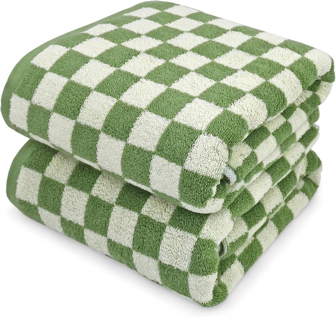 Jacquotha Bath Towels Set of 2 - Luxury Cotton Bathroom Shower Towels Body 55 x 27.5 Absorbent, Quick Dry, 520GSM, Green Checkered Bathroom Decor