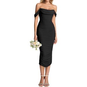 KUTUMAI Off Shoulder Corset Formal Wedding Guest Dresses for Women Elegant Bodycon Ruched Cocktail Party Midi Dress (Black, XL)
