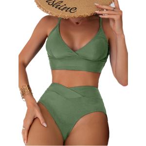 Womens Bathing Suit 2 Piece Tummy Control High Leg Swimsuit V Cut Bottom S, Army Green