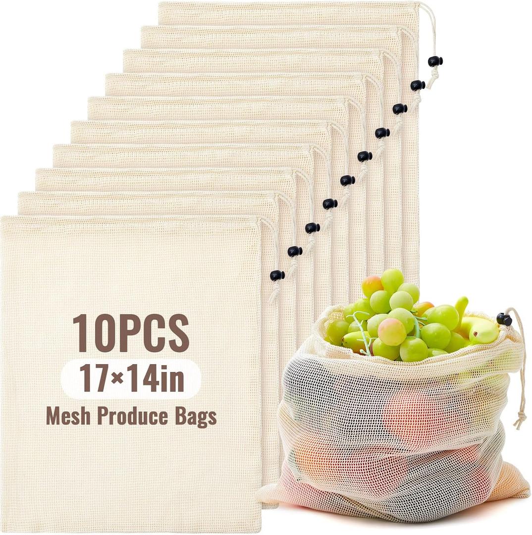 10 Pcs 17 x 14 in Reusable Produce Bags Grocery Washable, Cotton Mesh Produce Bags Plastic Free, Drawstring Closure, Double-stitched Organic Cotton Mesh Grocery Bag for Vegetables Fruit Onions