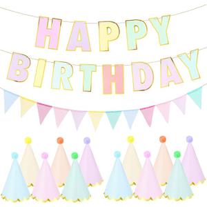 Foilswirl 26 Pcs Pastel Birthday Party Hats for Kids Include Pastel Happy Birthday Signs Banner Pennant Flags Macaron Party Hats Decorations Pre Assembled for Kids Adults Girl Women
