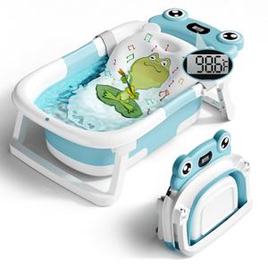 BUNWAG Baby Bathtub, Collapsible Newborn Bathtub for Infant to Toddler with Soft Cushion and Thermometer,Portable Travel Newborn Tub with No-Slip Feet, Baby Shower Gifts, 0-12 Months Baby Bath, Blue