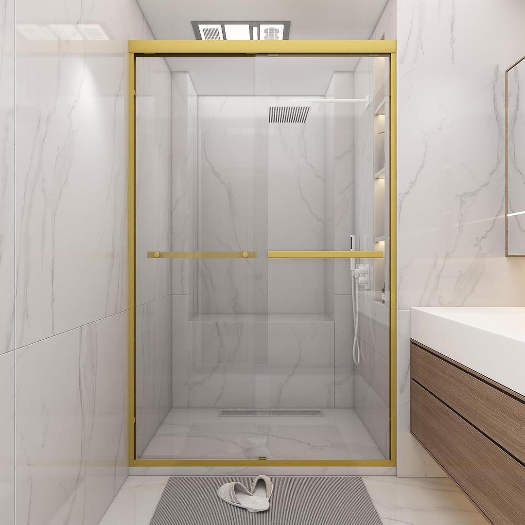 Shower Door 44-48" W * 72" H, Brushed Gold Double Sliding Shower Door with 1/4"(6mm) Tempered Glass, Shower Glass Door Easy to Clean