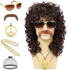 Wallden Hair 70s Mens Brown Wig+Glasses+Golden Chain+Peace Sign Necklace+Mustache+Wig Cap Long Curly Funny Synthetic Wigs for Retro Outfit Men Party Hippies Rocker Costume Cosplay Halloween（6pcs Set）