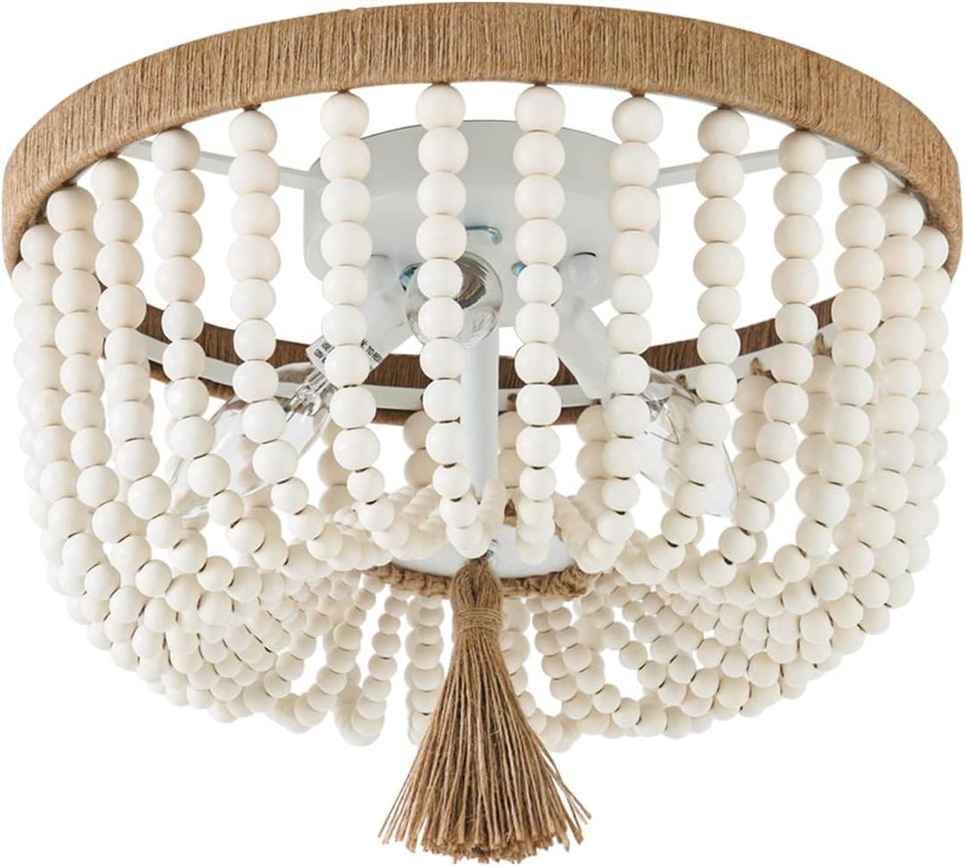 VILUXY Bohemia Wood Beaded Flush Mount Ceiling Light Antique Rustic Mini Round Chandelier White for Bedroom Kitchen Island Girl Room Entryway 3-Light (fringe)
