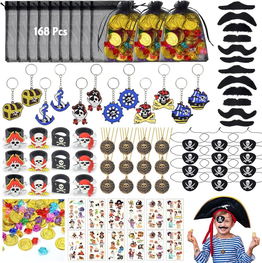 168Pcs Pirate Party Favors Supplies, Pirate Birthday Party Decorations, Pirate Gift Bags with Pirate Eye Patch Mustache Gold Coins Gems Tattoos for Kids Boys Pirate Birthday Party Goodie Bag Fillers