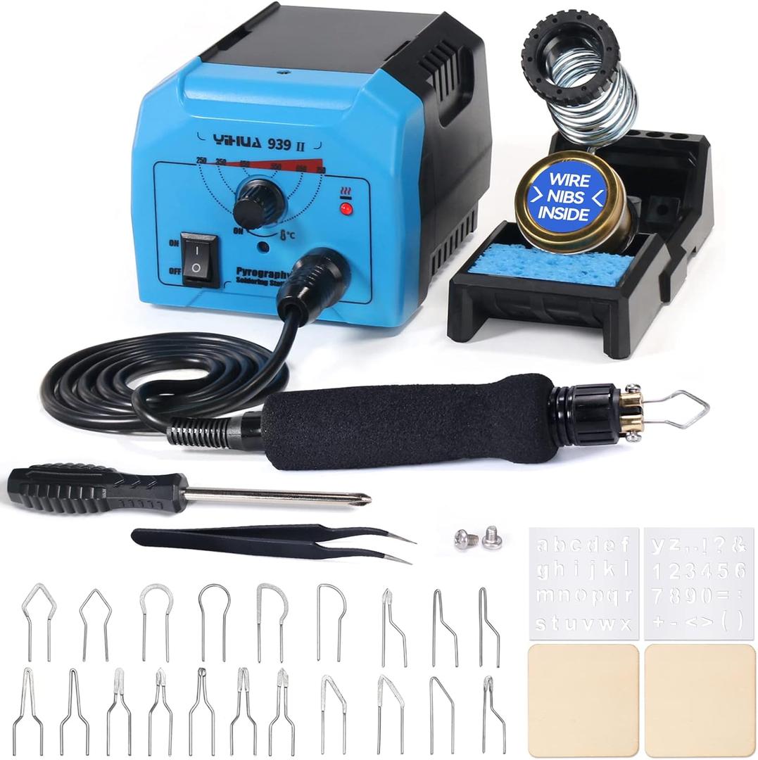 YIHUA 939-II Wood Burning Kit Station Pyrography Pen 250~750/482~1382 Temperature Adjustable with 20 Wire Nibs, 1 Stable Pen Holder, 2 Stencils, 2 Scrap Wood, 1 S/S Tweezers, and 1 Pliers (Blue)