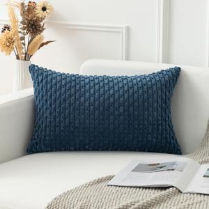 Kevin Textile 16x24 Inch Pillow Cover 1 Pack Boho Decorative Soft Striped Corduroy Lumbar Farmhouse Solid Color Accent Rectangle Cushion Case for Living Room Couch Sofa Bed, Blue