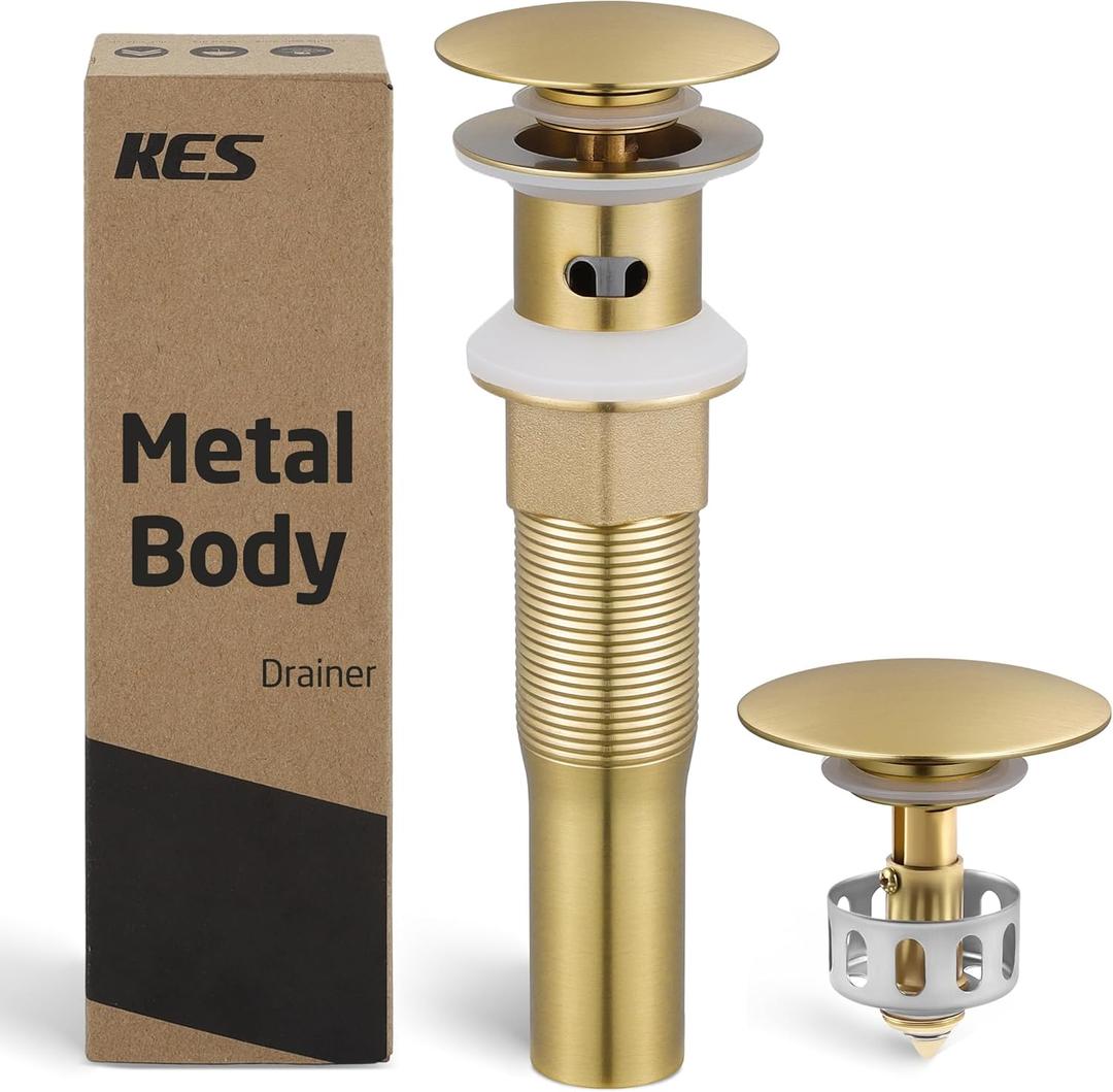 KES All Metal Bathroom Sink Drain with Strainer Basket Hair Catcher Anti Clog Pop Up Drain Stopper for Vanity Vessel Sink with Overflow, Rustproof 18/8 Stainless Steel Brushed Gold, S2013A-BZ