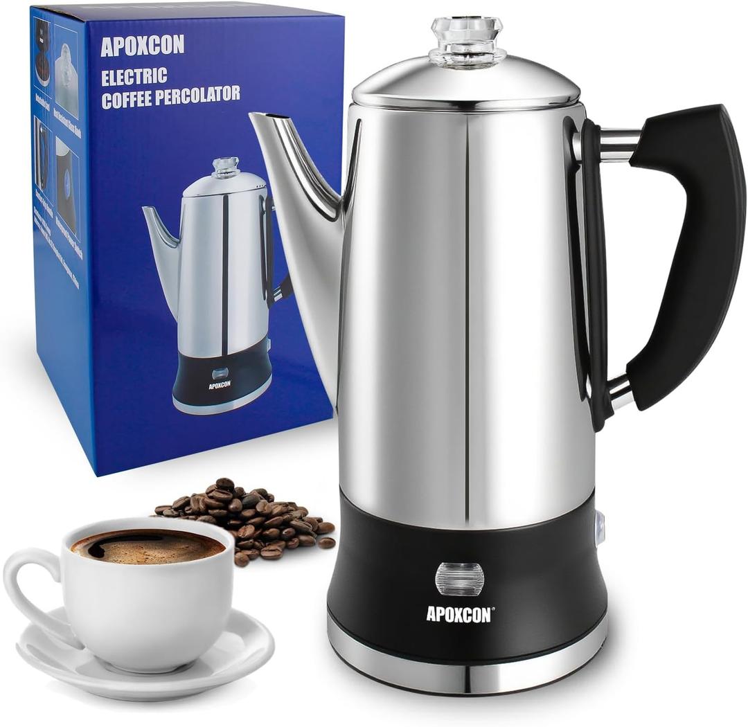 APOXCON Electric Coffee Percolator, Stainless Steel, with Glass Knob, Automatic Keep Warm, Cordless Serve,12 Cup