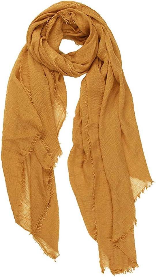 Summer Cotton Blend Crinkle Vintage Soft Scarf with Fringed Edges 35"  70" (Yellow)