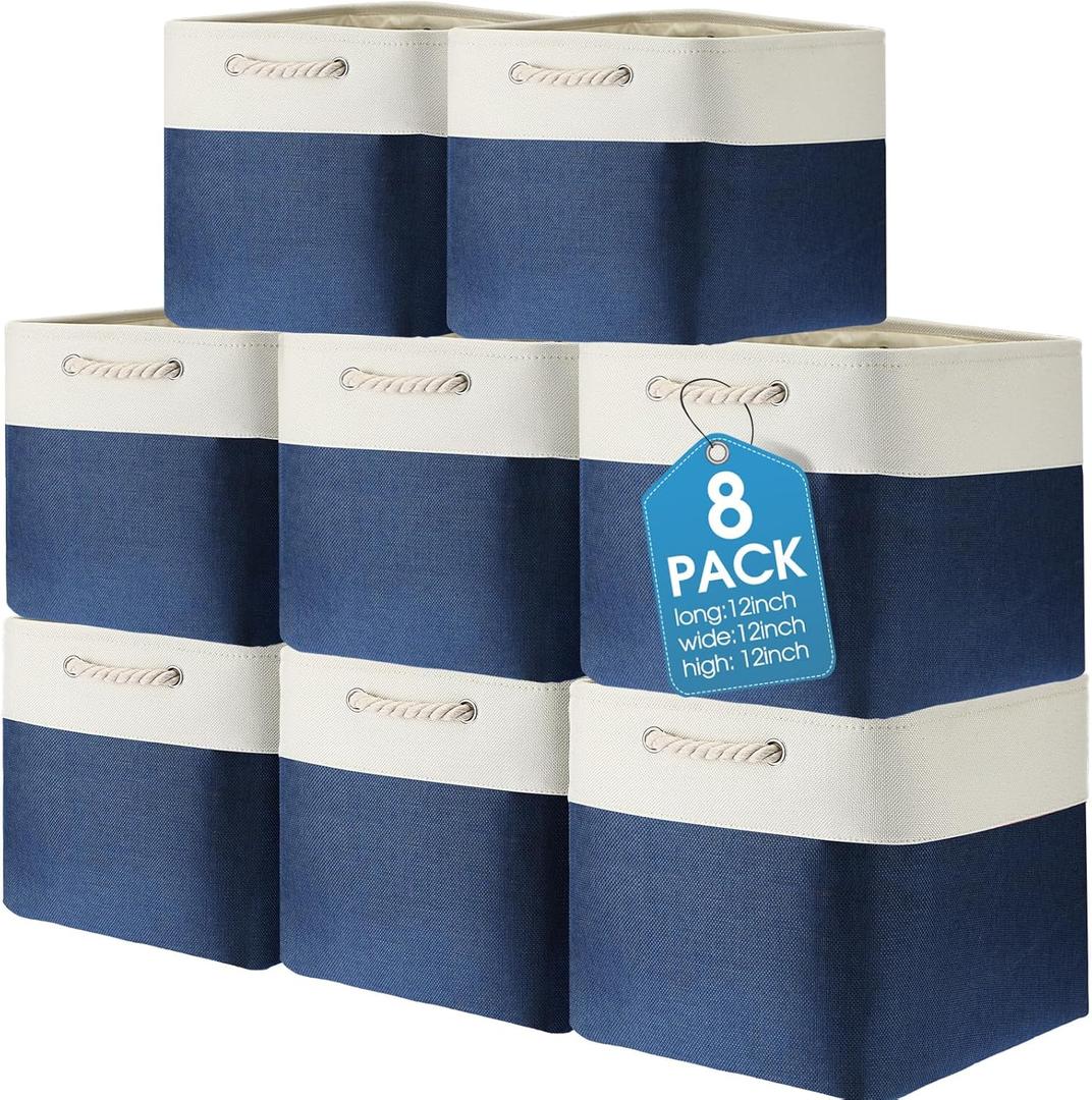 meekoo 8 Pack Collapsible Storage Bins Fabric Storage Bins Polyester Fabric Baskets with Handles Linen Closet Organizer for Shelf Home Closet Towels Toys(12 x 12 x 12 in, Blue White)