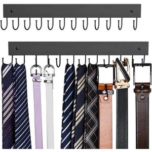 Belt Hanger Wall Mounted, Wooden Belt Organizer 2 Pack Max 24 Storage Capacity, 180 Rotating Space Saving Hangers for Ties, Tank Tops, Scarves, Bras, Keys, Bags Halloween Black